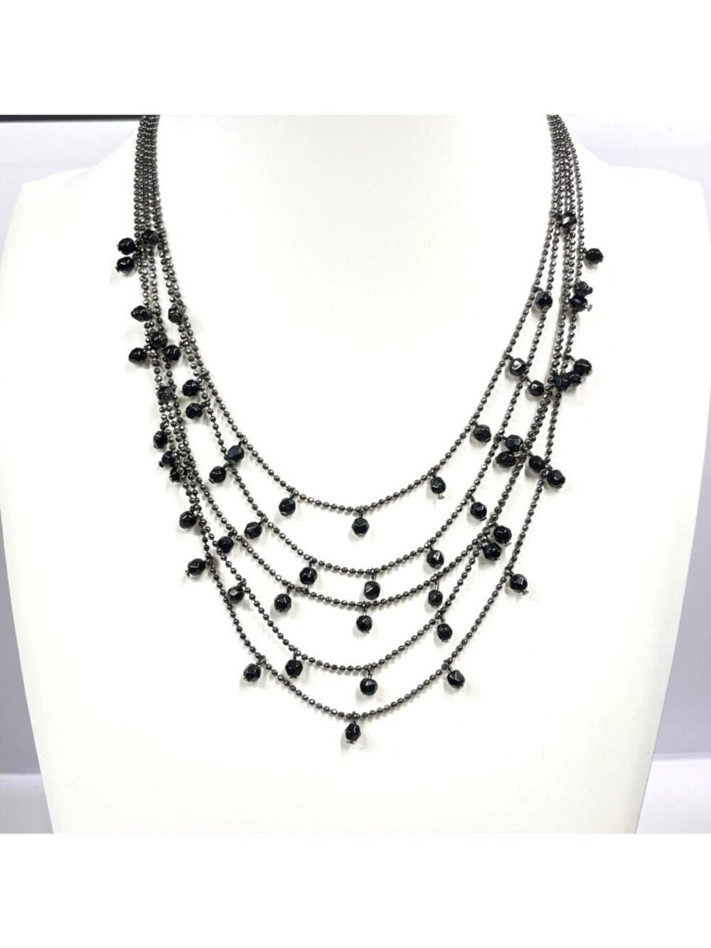 Premier Designs Gunmetal Silver Multi-Strand Necklace Black Glass Beads 15" + 2"